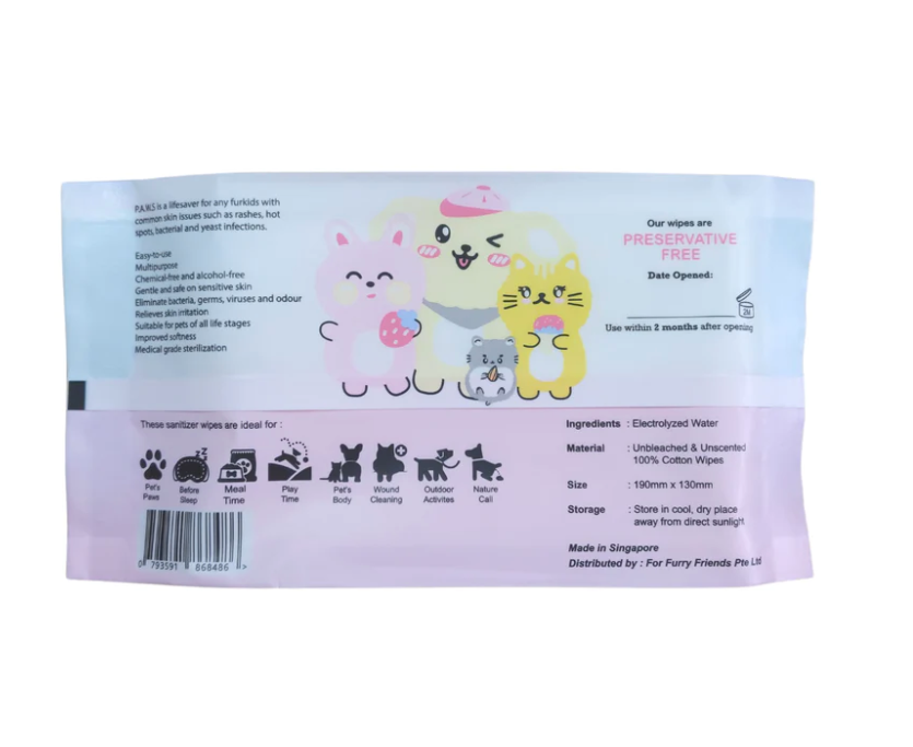 For Furry Friends PET'S ACTIVATED WATER SANITIZER (P.A.W.S) TRAVEL WIPES (20 PCS PER PACKET)